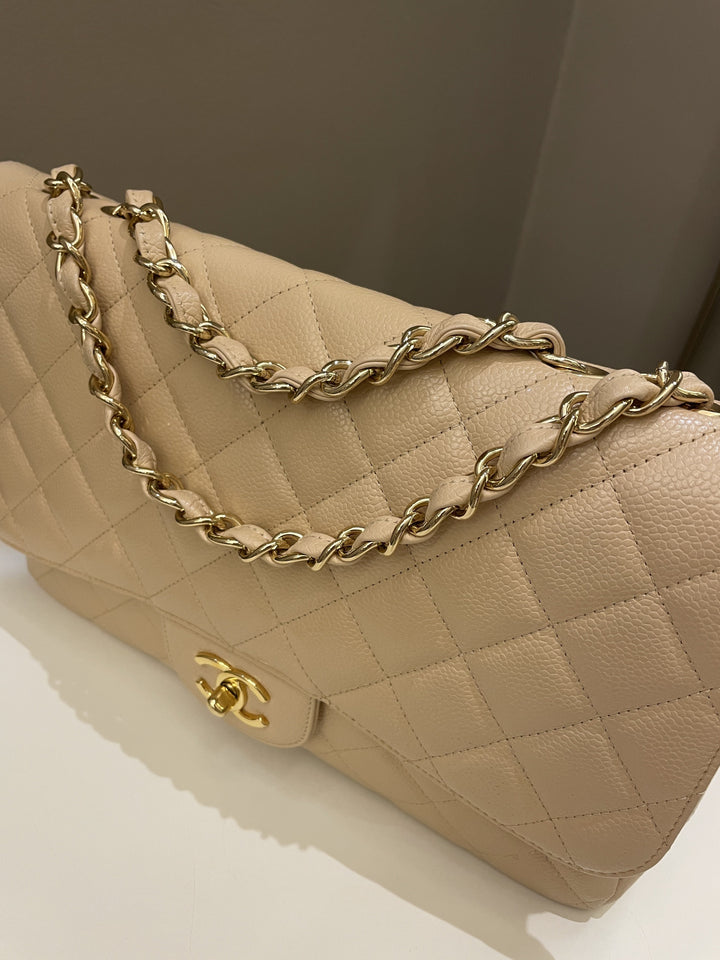 Chanel Classic Quilted Jumbo Single Flap Beige Caviar