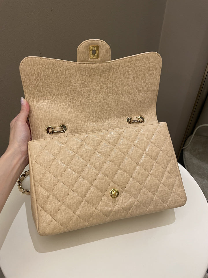 Chanel Classic Quilted Jumbo Single Flap Beige Caviar