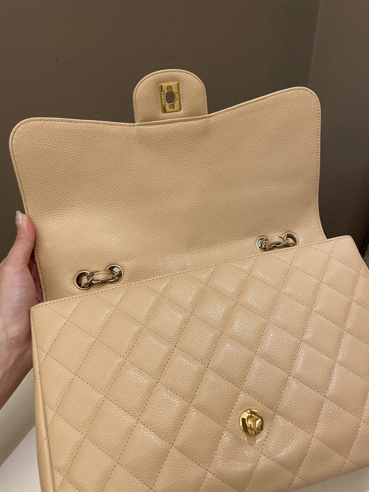 Chanel Classic Quilted Jumbo Single Flap Beige Caviar