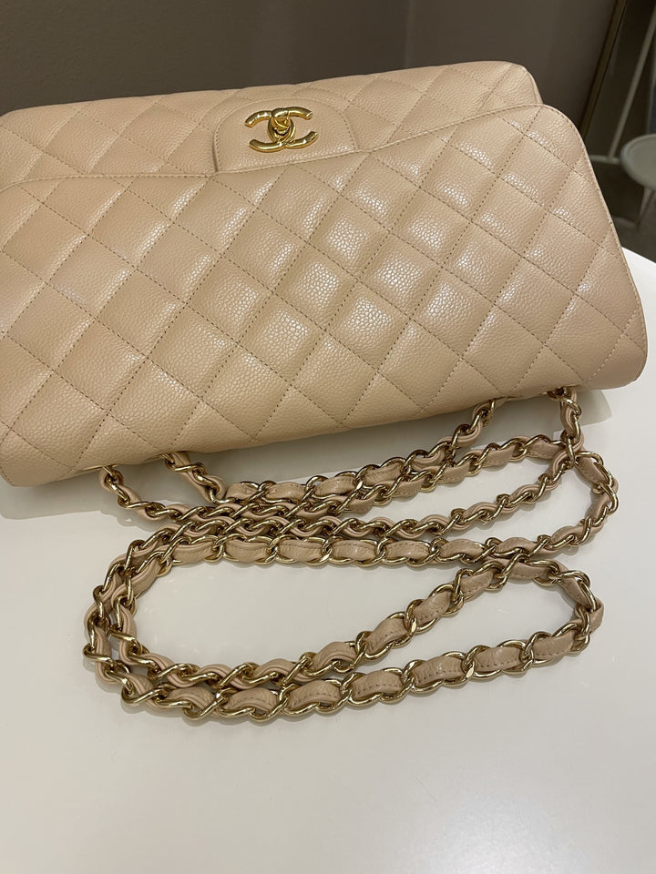 Chanel Classic Quilted Jumbo Single Flap Beige Caviar