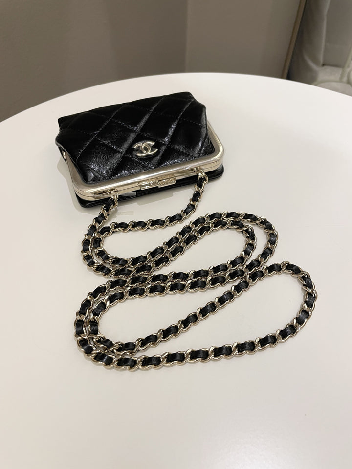 Chanel Quilted Clasp Pouch On Chain Black Aged Calfskin