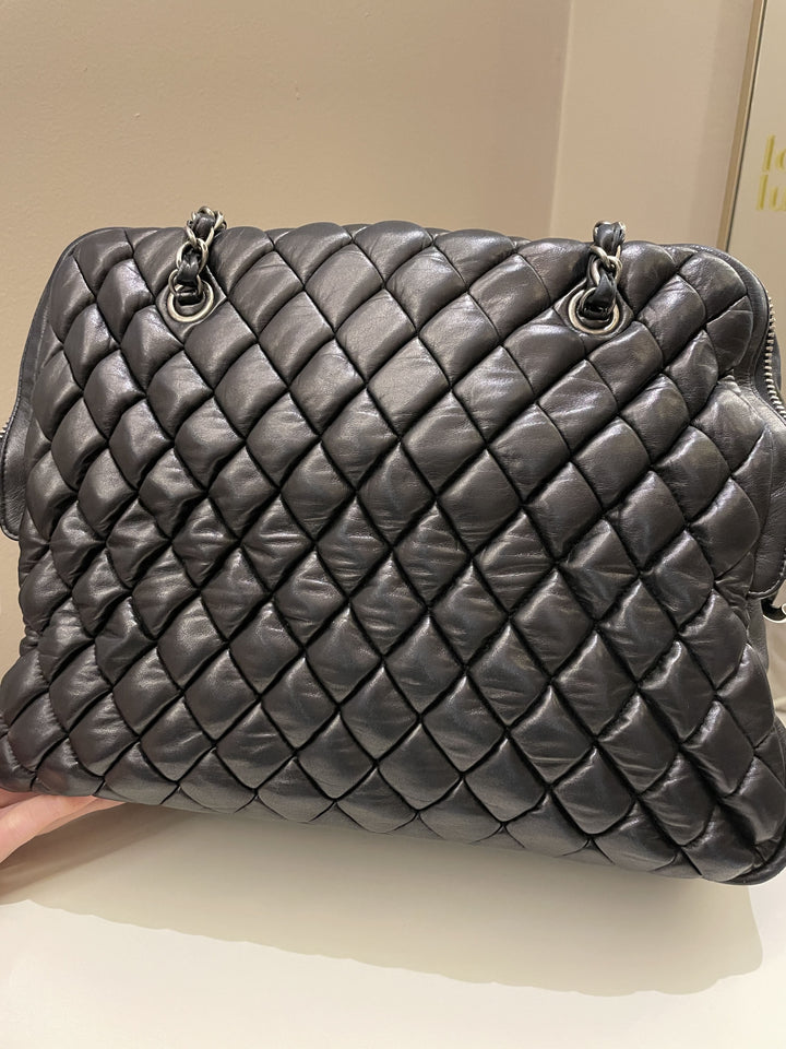Chanel Dual Zip Quilted Bowling Bag Black Lambskin