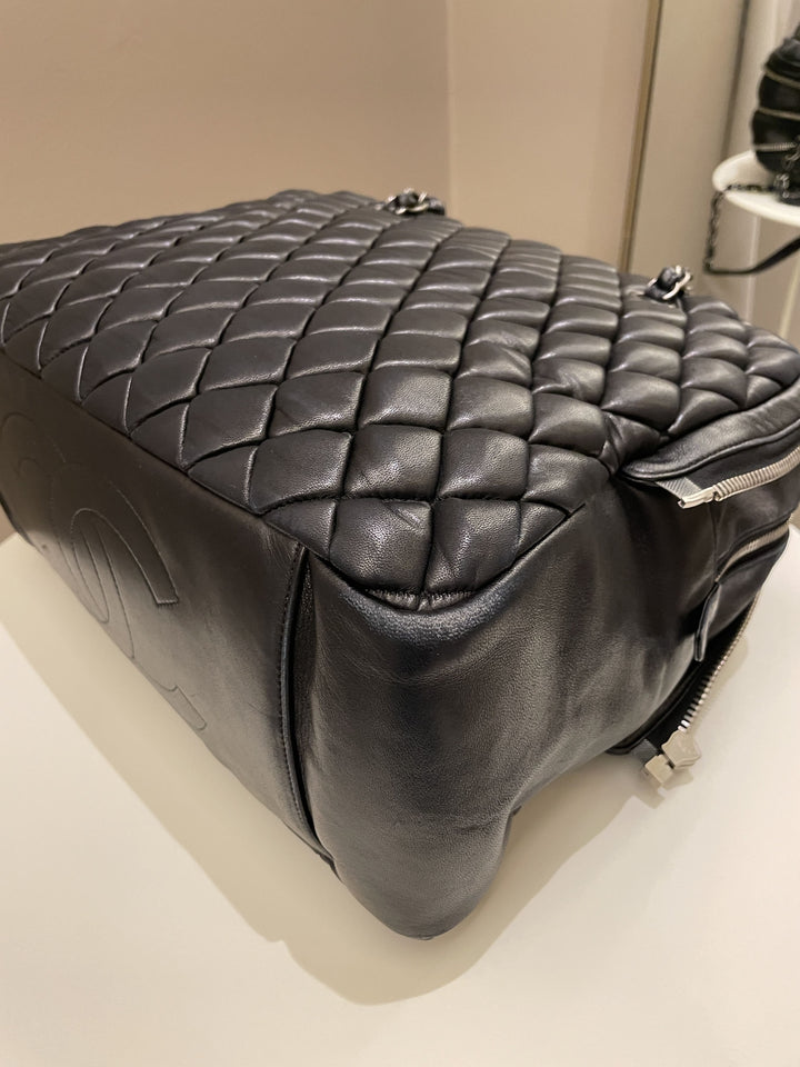 Chanel Dual Zip Quilted Bowling Bag Black Lambskin