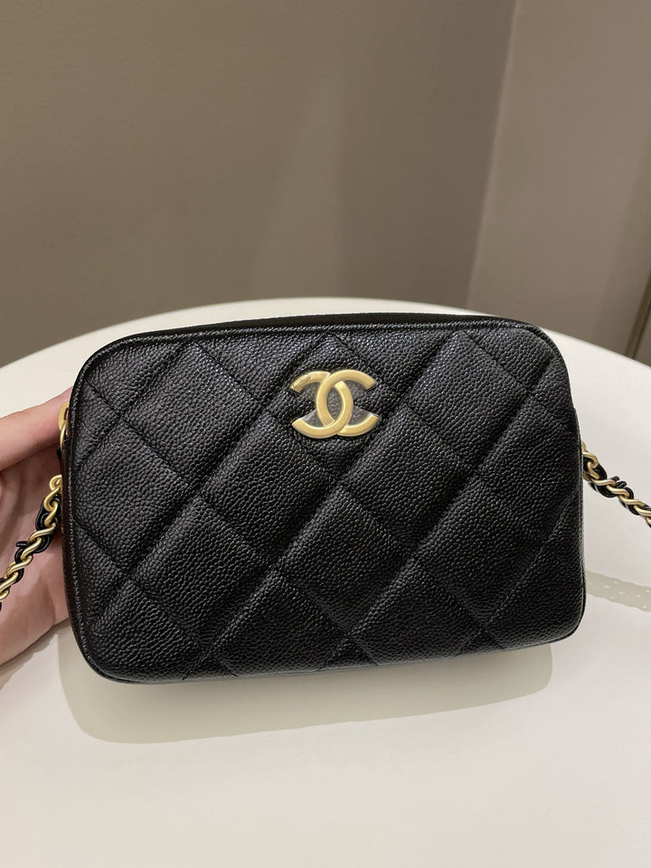 Chanel 22P Quilted Camera Sling Bag Black Caviar