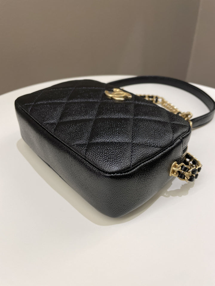 Chanel 22P Quilted Camera Sling Bag Black Caviar