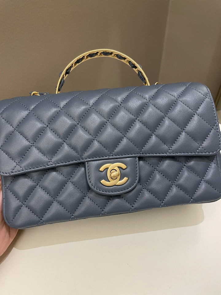 Chanel Quilted Top Handle Flap Chain Ash Blue Stiff Lambskin