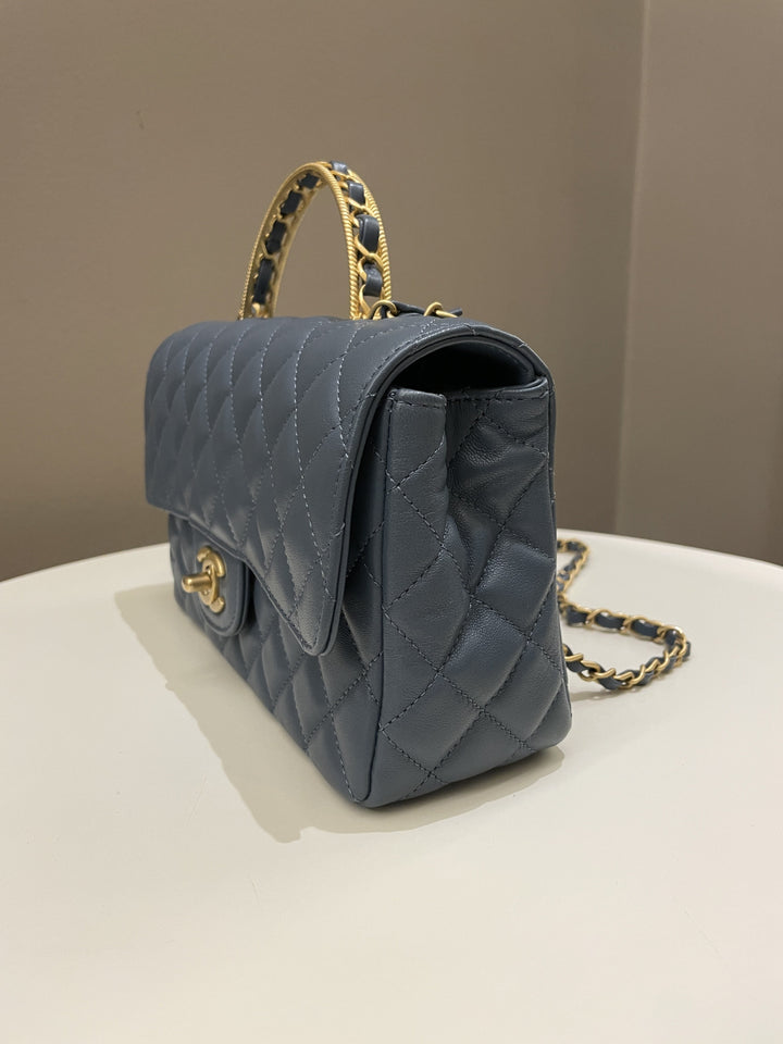 Chanel Quilted Top Handle Flap Chain Ash Blue Stiff Lambskin