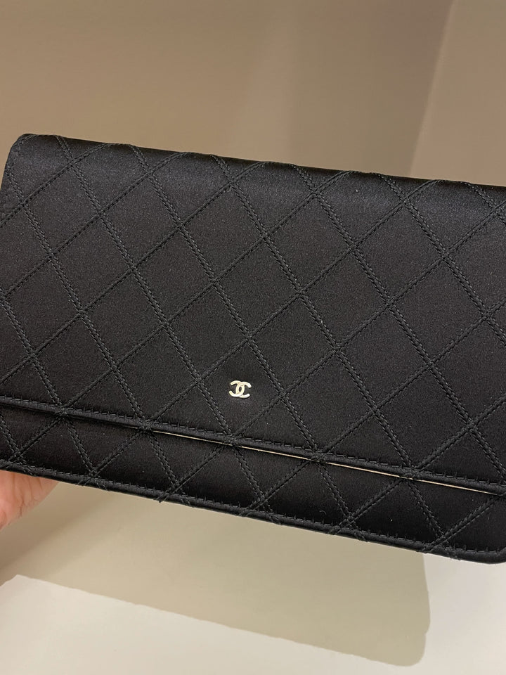 Chanel Quilted Wallet On Chain Black Satin / Gold Lambskin