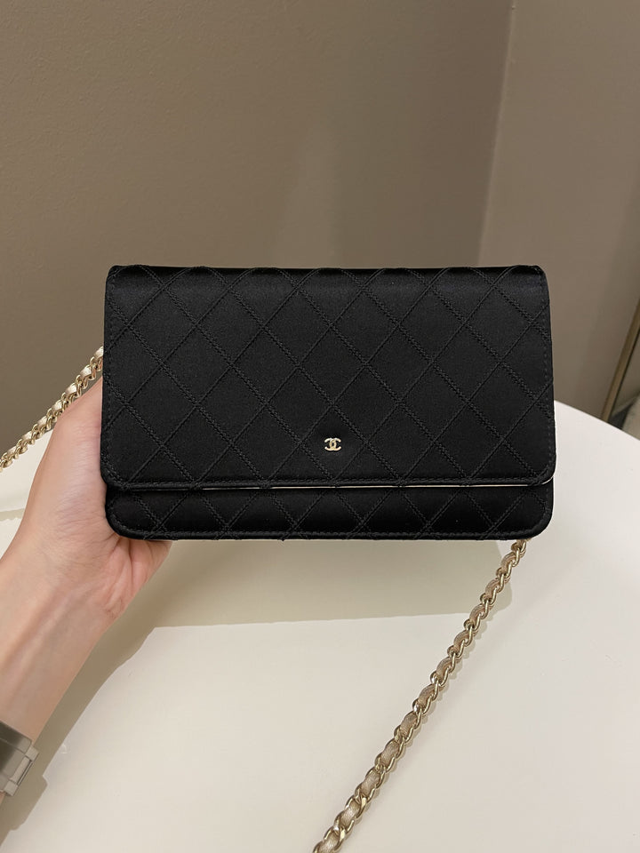 Chanel Quilted Wallet On Chain Black Satin / Gold Lambskin