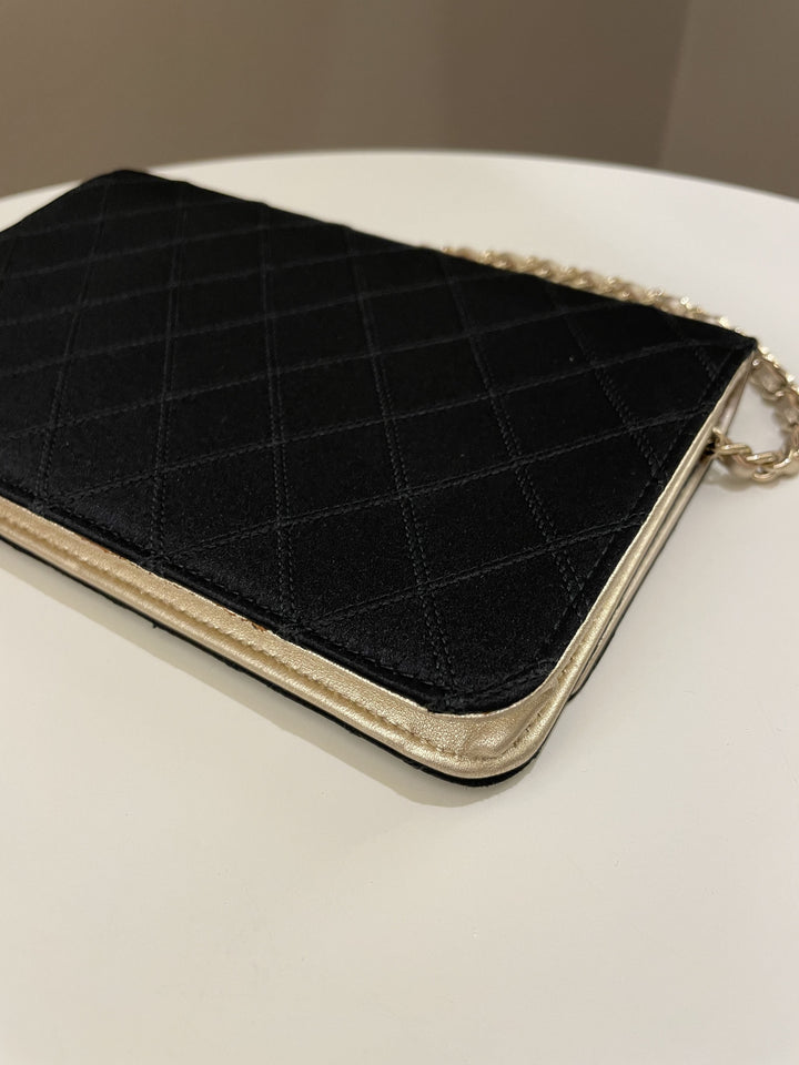 Chanel Quilted Wallet On Chain Black Satin / Gold Lambskin