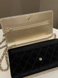 Chanel Quilted Wallet On Chain Black Satin / Gold Lambskin