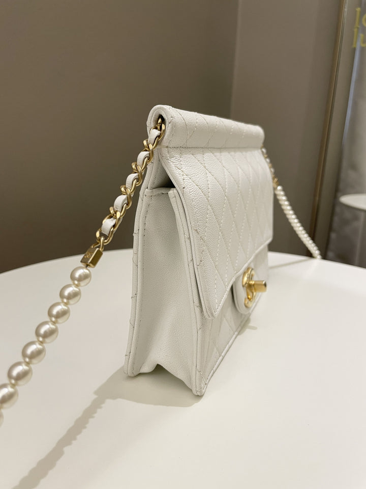 Chanel Pearl Chain Flap Bag White Stiff Lambskin