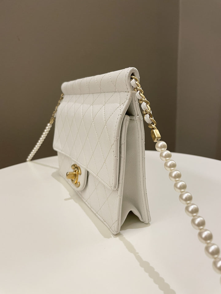 Chanel Pearl Chain Flap Bag White Stiff Lambskin