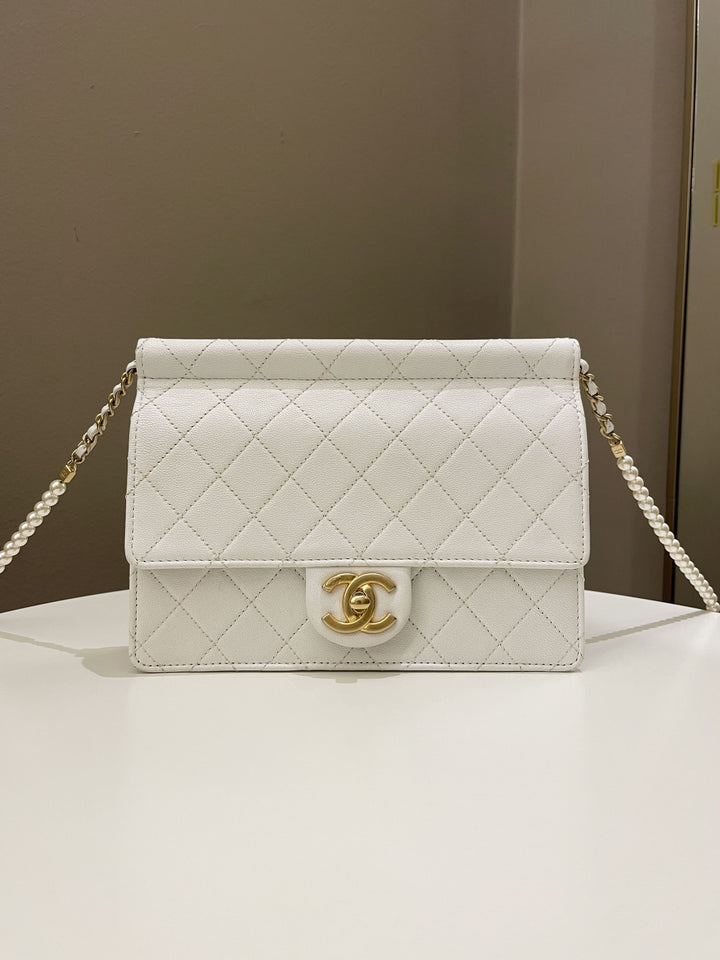 Chanel Pearl Chain Flap Bag White Stiff Lambskin