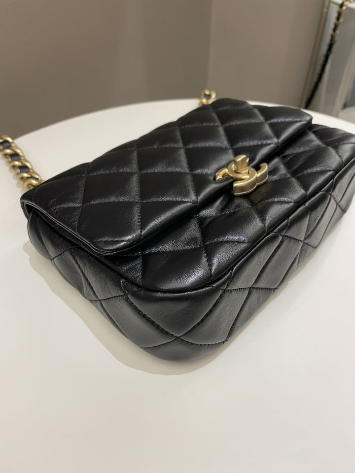 Chanel 22S Quilted Lacquered Chain Flap Bag Black Lambskin