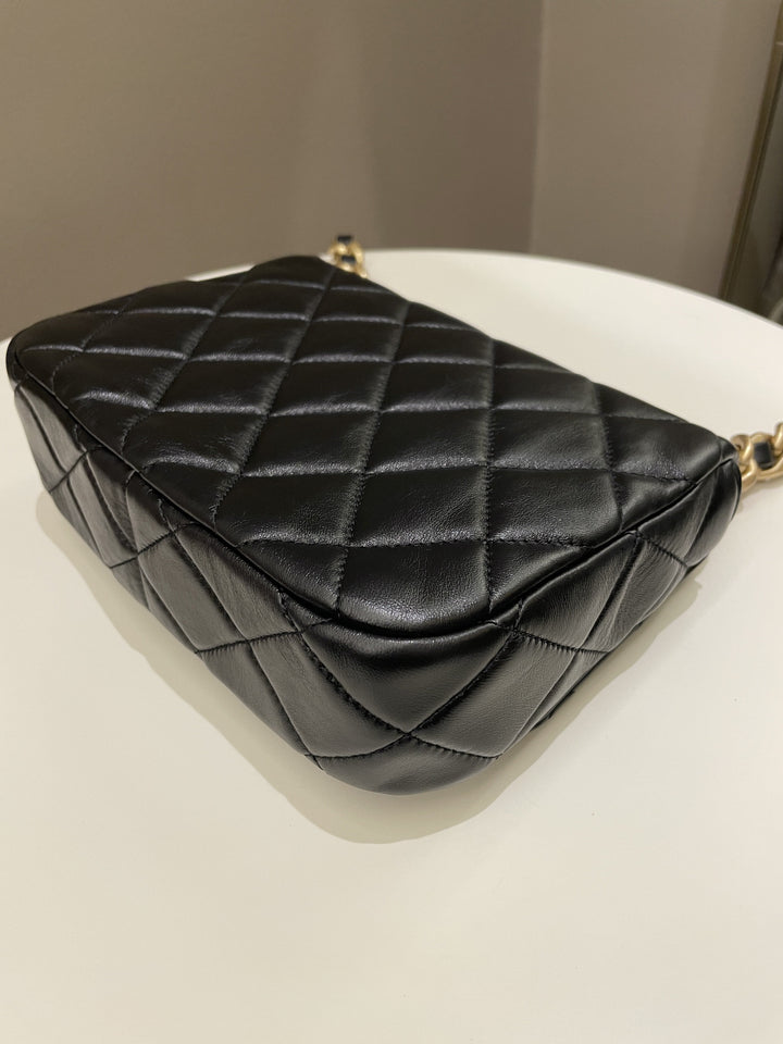 Chanel 22S Quilted Lacquered Chain Flap Bag Black Lambskin