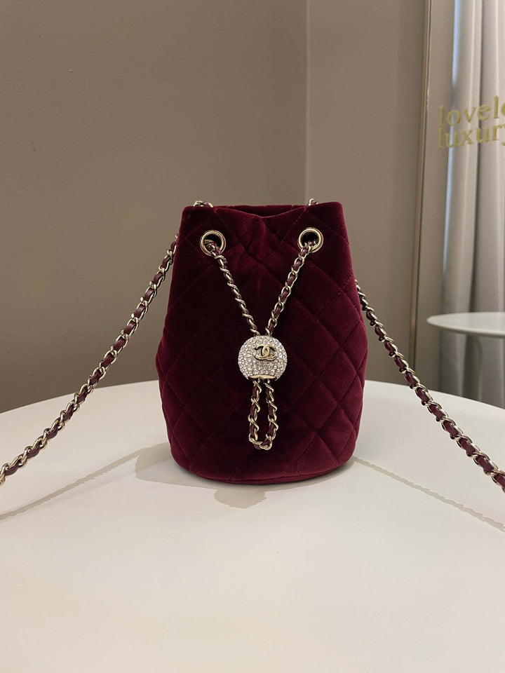 Chanel Diamanté Strass Drawstring Bag Dark Wine Velvet