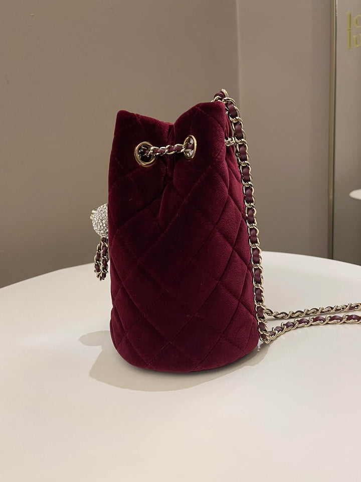 Chanel Diamanté Strass Drawstring Bag Dark Wine Velvet