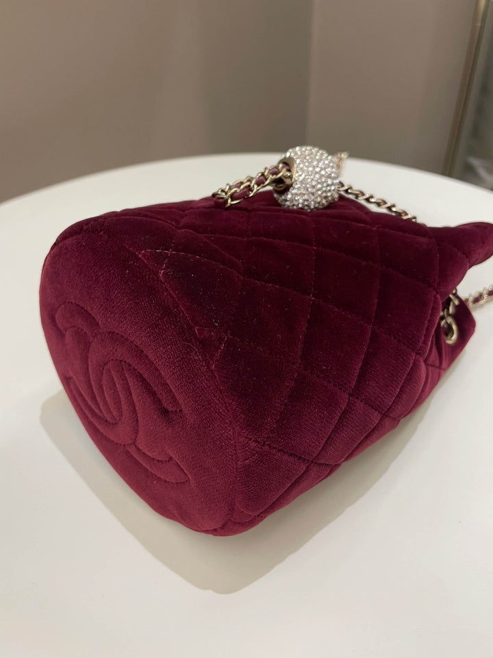 Chanel Diamanté Strass Drawstring Bag Dark Wine Velvet