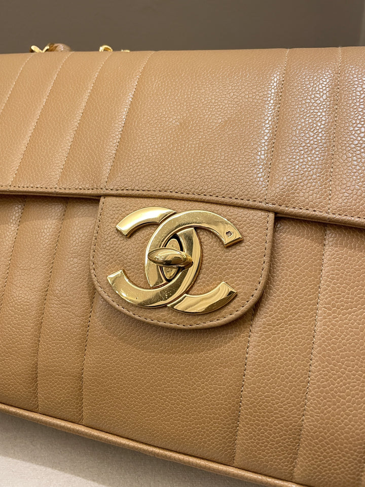 Chanel Vintage Vertical XL Cc Flap Dark Beige Gold Caviar