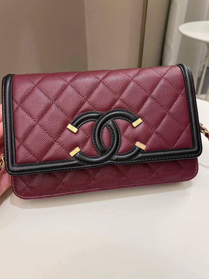 Chanel CC Filigree Wallet On Chain Burgundy/ Black Caviar