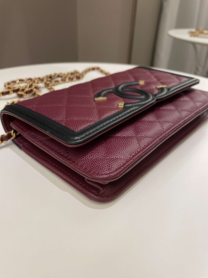Chanel CC Filigree Wallet On Chain Burgundy/ Black Caviar