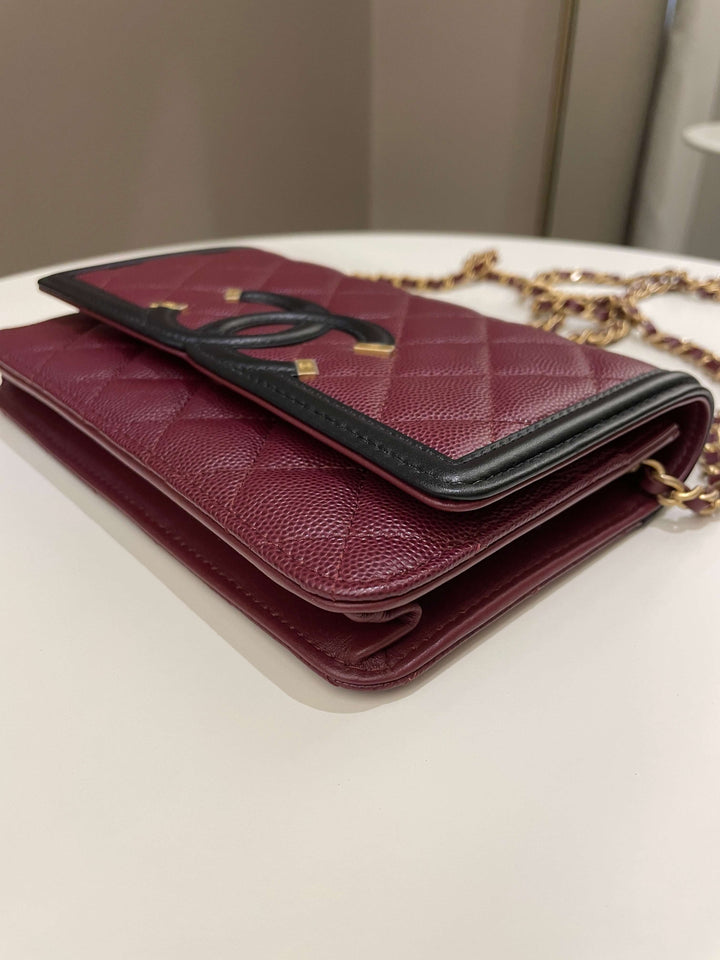 Chanel CC Filigree Wallet On Chain Burgundy/ Black Caviar