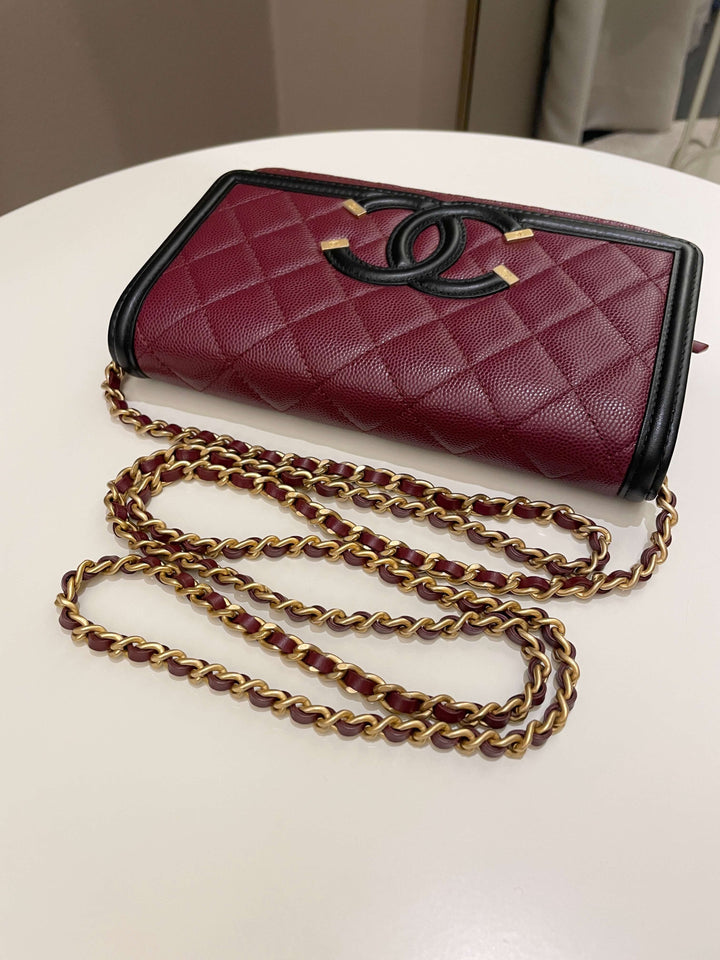 Chanel CC Filigree Wallet On Chain Burgundy/ Black Caviar
