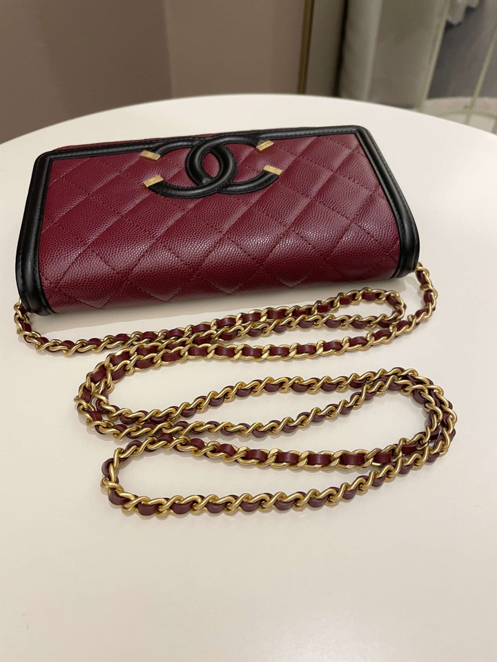 Chanel CC Filigree Wallet On Chain Burgundy/ Black Caviar