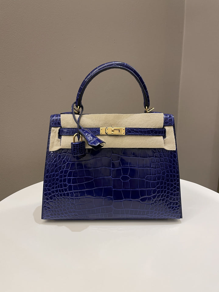 Hermes Kelly Sellier 25 Bleu Croc