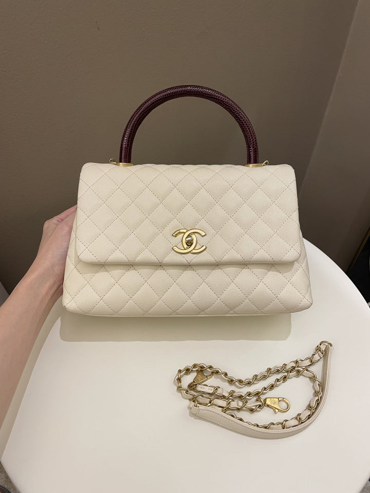 Chanel Quilted Coco Lizard Handle Ivory/ Burgundy Caviar