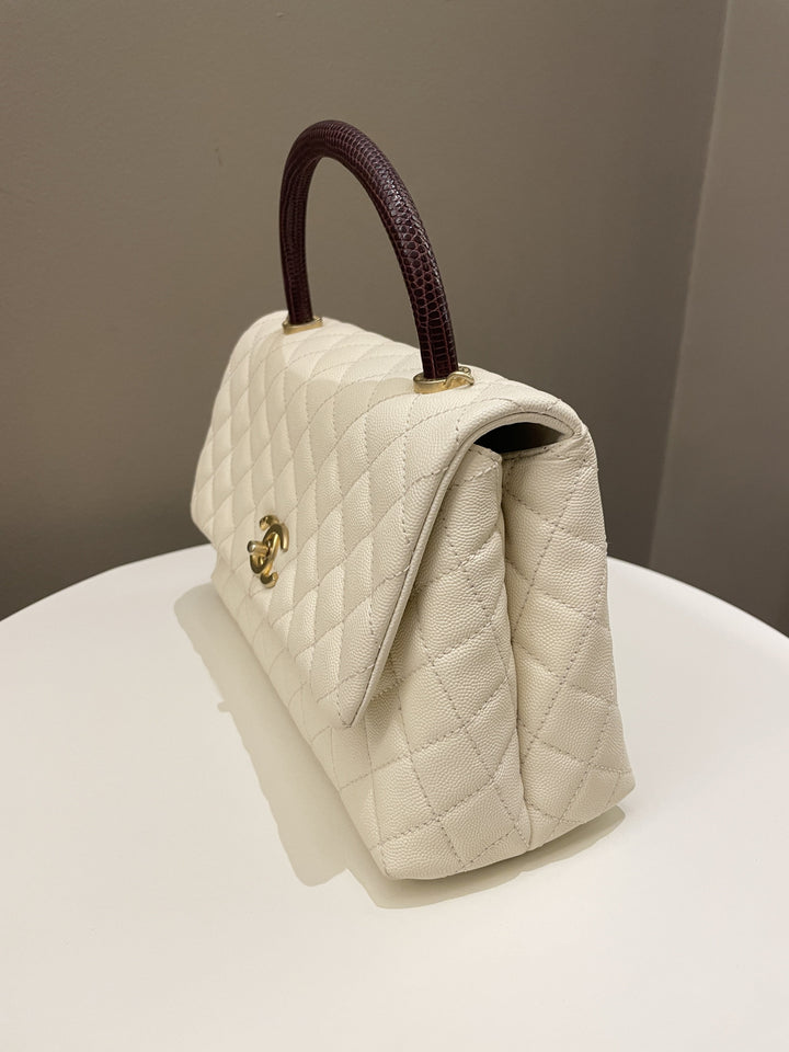 Chanel Quilted Coco Lizard Handle Ivory/ Burgundy Caviar