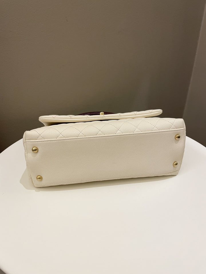 Chanel Quilted Coco Lizard Handle Ivory/ Burgundy Caviar
