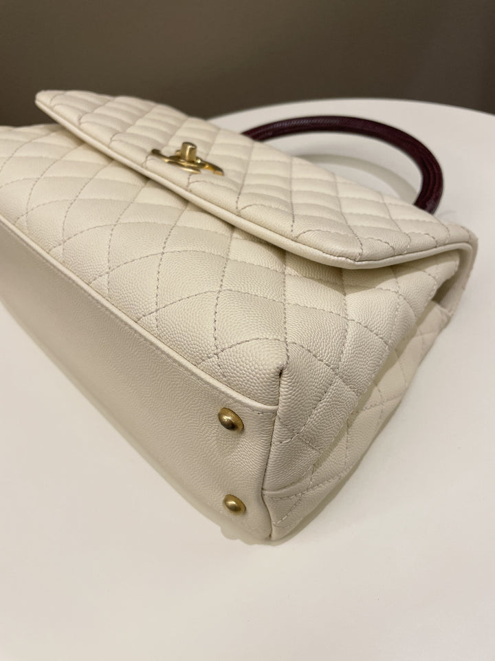 Chanel Quilted Coco Lizard Handle Ivory/ Burgundy Caviar