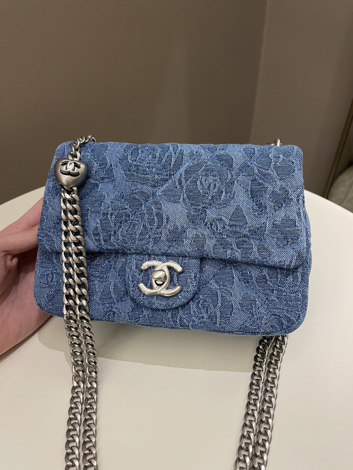 Chanel 23P Camellia Sweet Heart Mini Flap Blue Denim