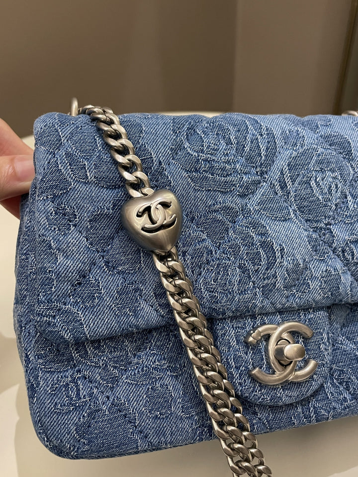 Chanel 23P Camellia Sweet Heart Mini Flap Blue Denim
