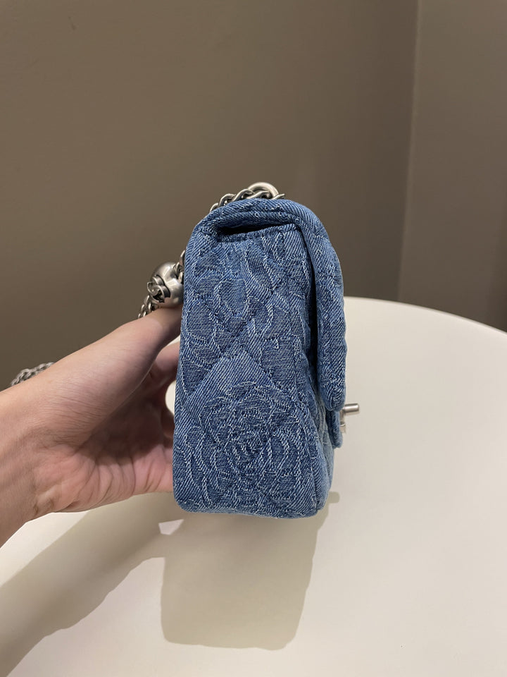Chanel 23P Camellia Sweet Heart Mini Flap Blue Denim