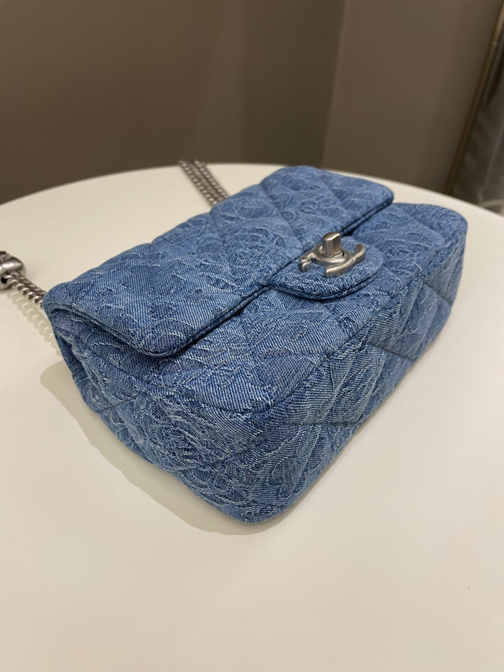 Chanel 23P Camellia Sweet Heart Mini Flap Blue Denim