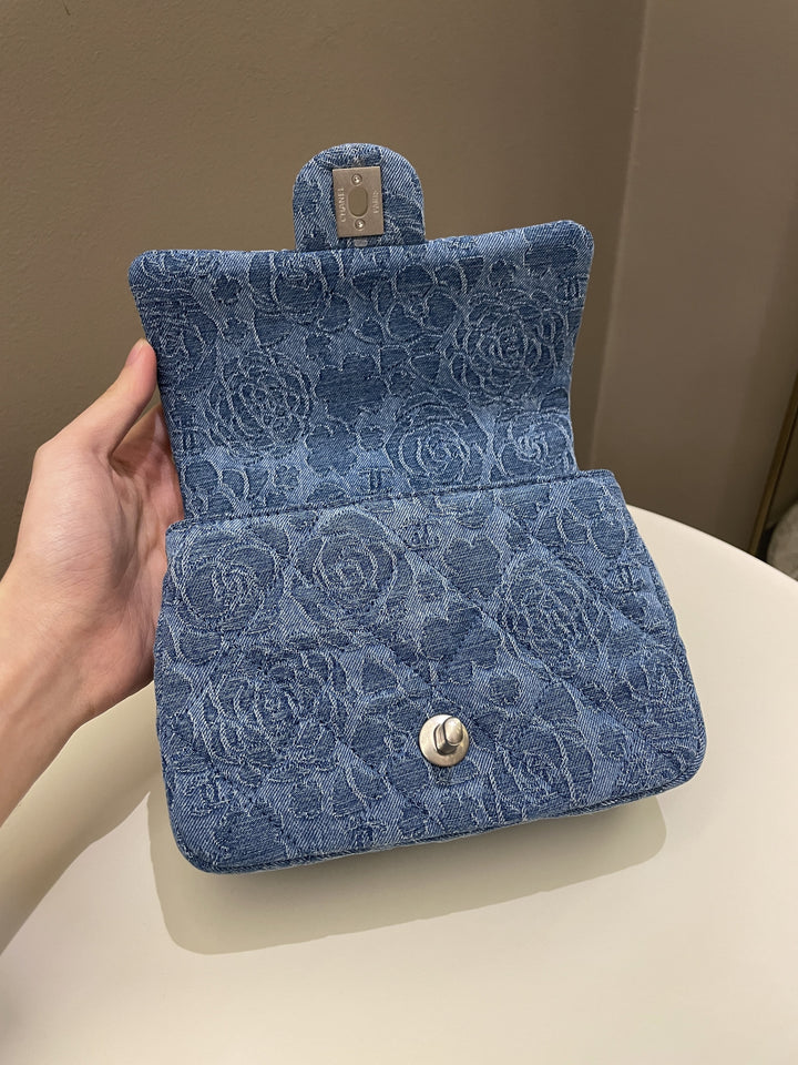 Chanel 23P Camellia Sweet Heart Mini Flap Blue Denim