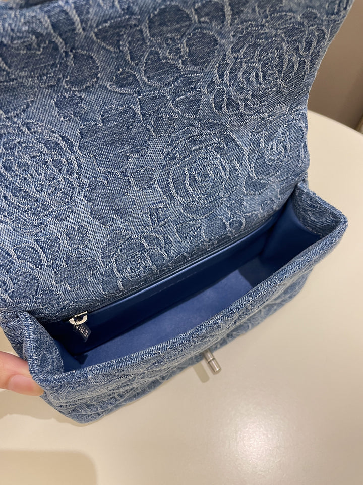Chanel 23P Camellia Sweet Heart Mini Flap Blue Denim