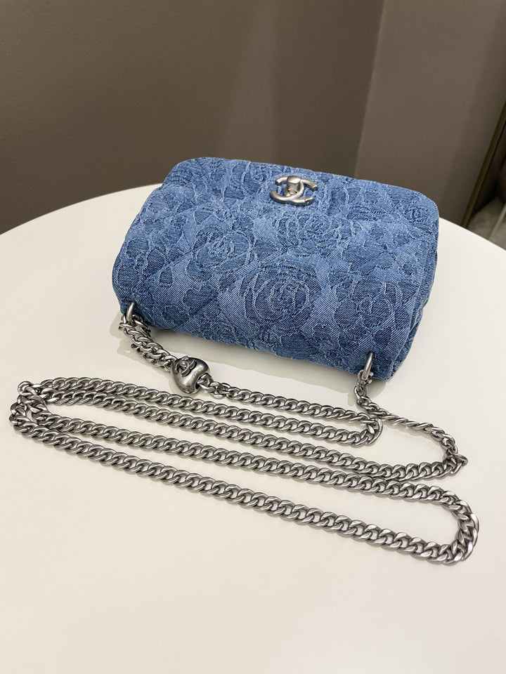 Chanel 23P Camellia Sweet Heart Mini Flap Blue Denim