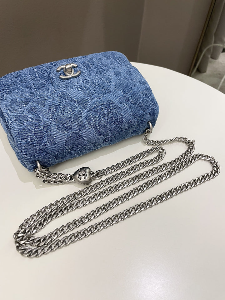Chanel 23P Camellia Sweet Heart Mini Flap Blue Denim