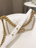 Chanel Quilted Chain Around Small Boy White Ivory Caviar