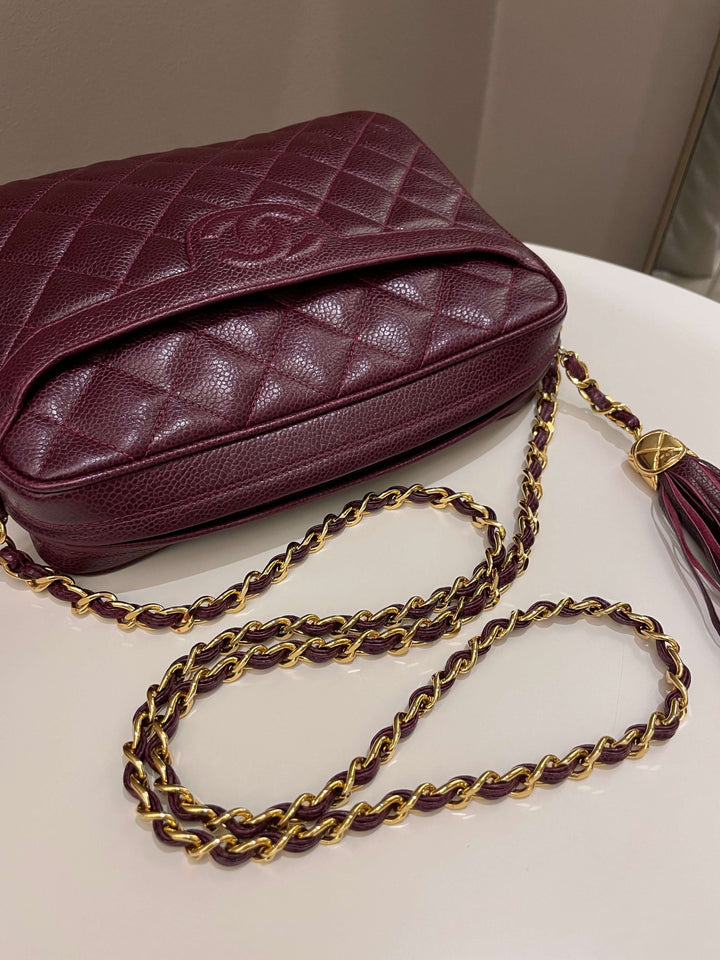 Chanel Vintage Camera Bag Tassle Burgundy Caviar