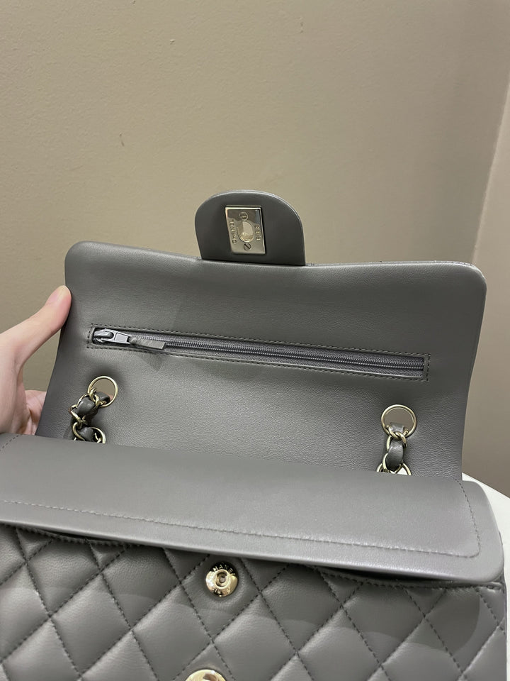 Chanel 22A Classic Quilted Small Double Flap Dark Grey Lambskin