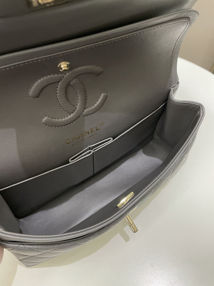 Chanel 22A Classic Quilted Small Double Flap Dark Grey Lambskin