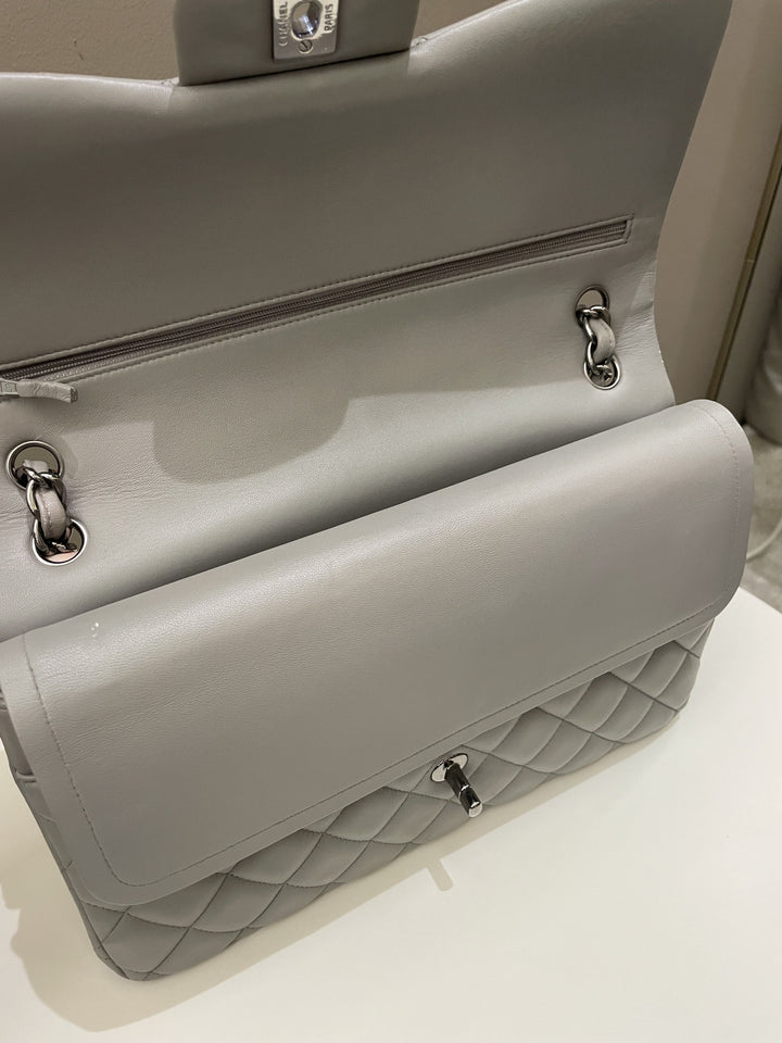 Chanel Classic Quilted Jumbo Double Flap Grey Lambskin