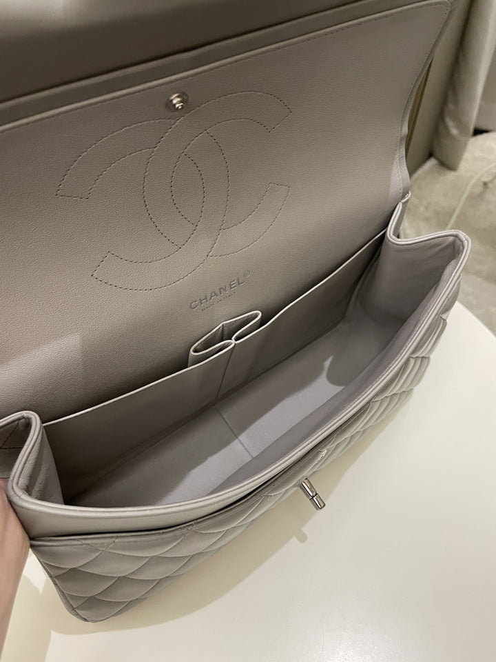 Chanel Classic Quilted Jumbo Double Flap Grey Lambskin