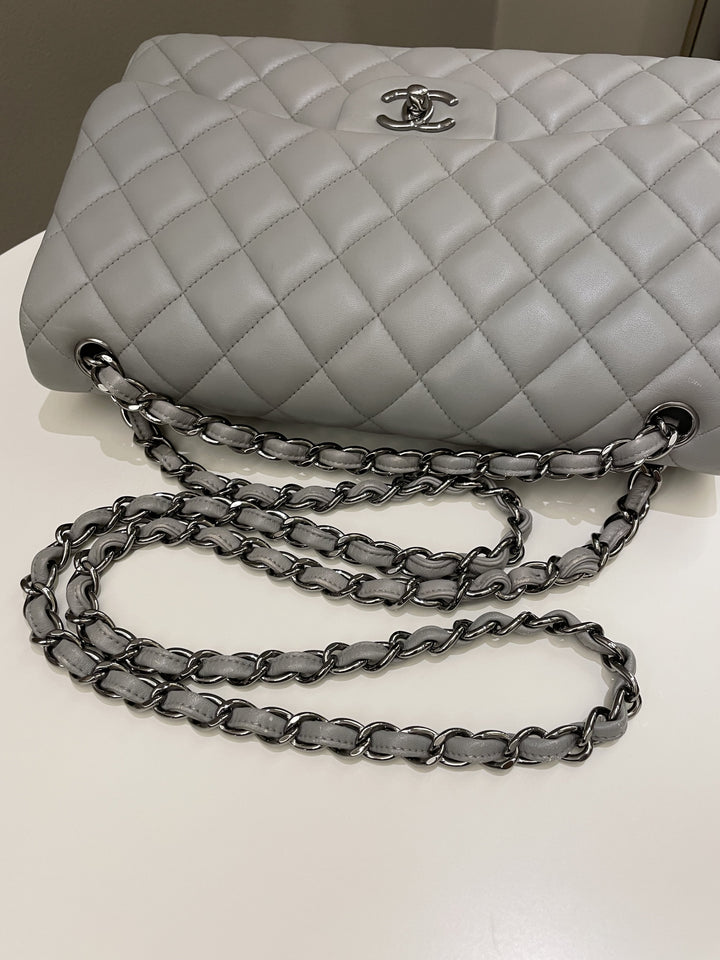 Chanel Classic Quilted Jumbo Double Flap Grey Lambskin