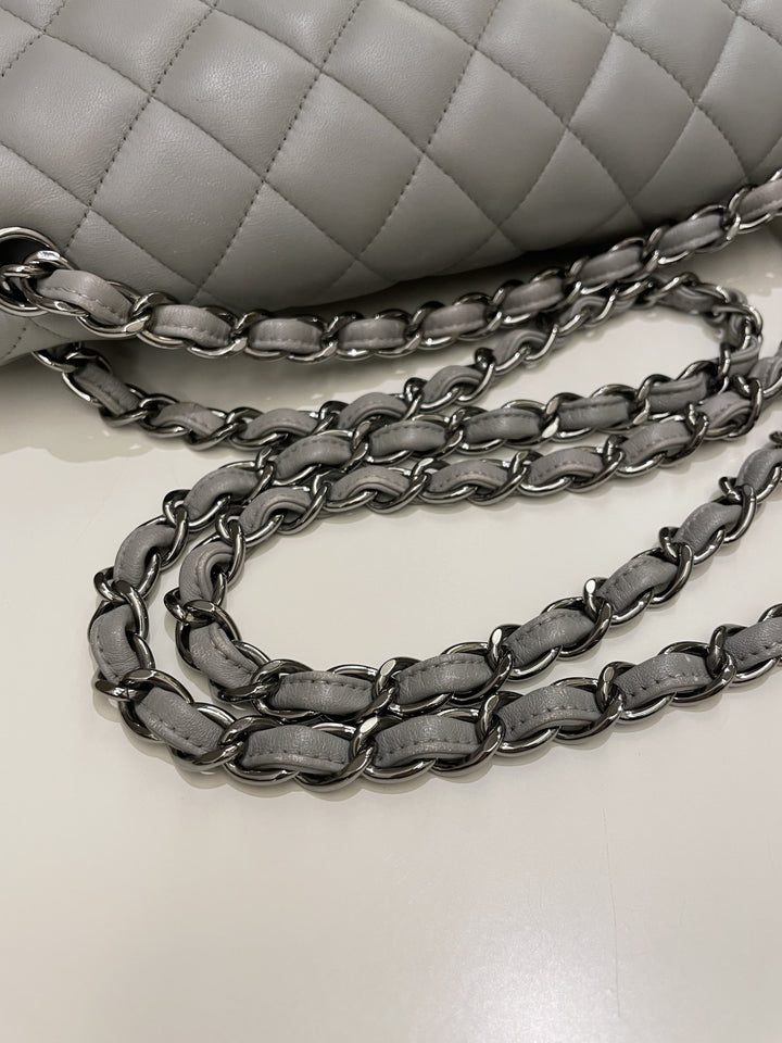 Chanel Classic Quilted Jumbo Double Flap Grey Lambskin